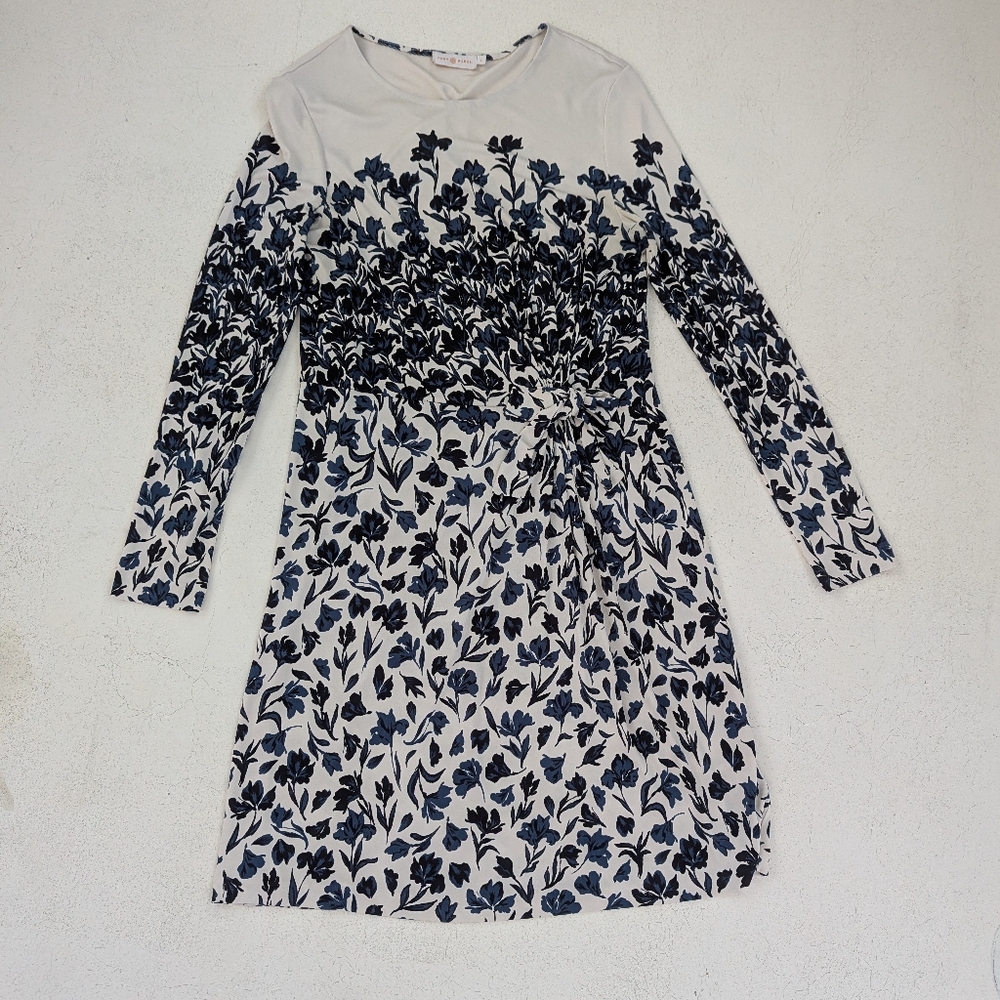 Tory Burch | Floral Faux Wrap Silk Dress Large Blue Black Cream